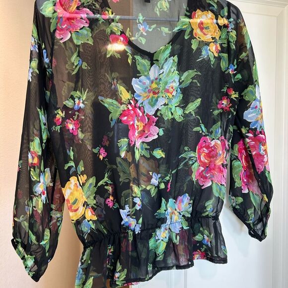 Lily Rose Pink and Yellow Sheer Floral and Black Blouse, Size S - Picture 7 of 11